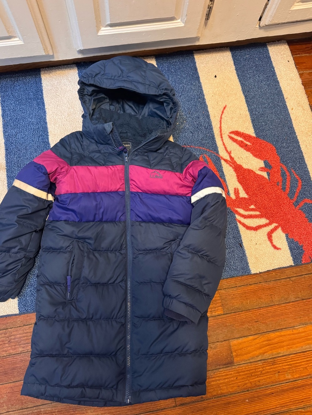L.L. Bean long style 650 fill' Puffer Coat with Purple & Pink Panels size 6-7